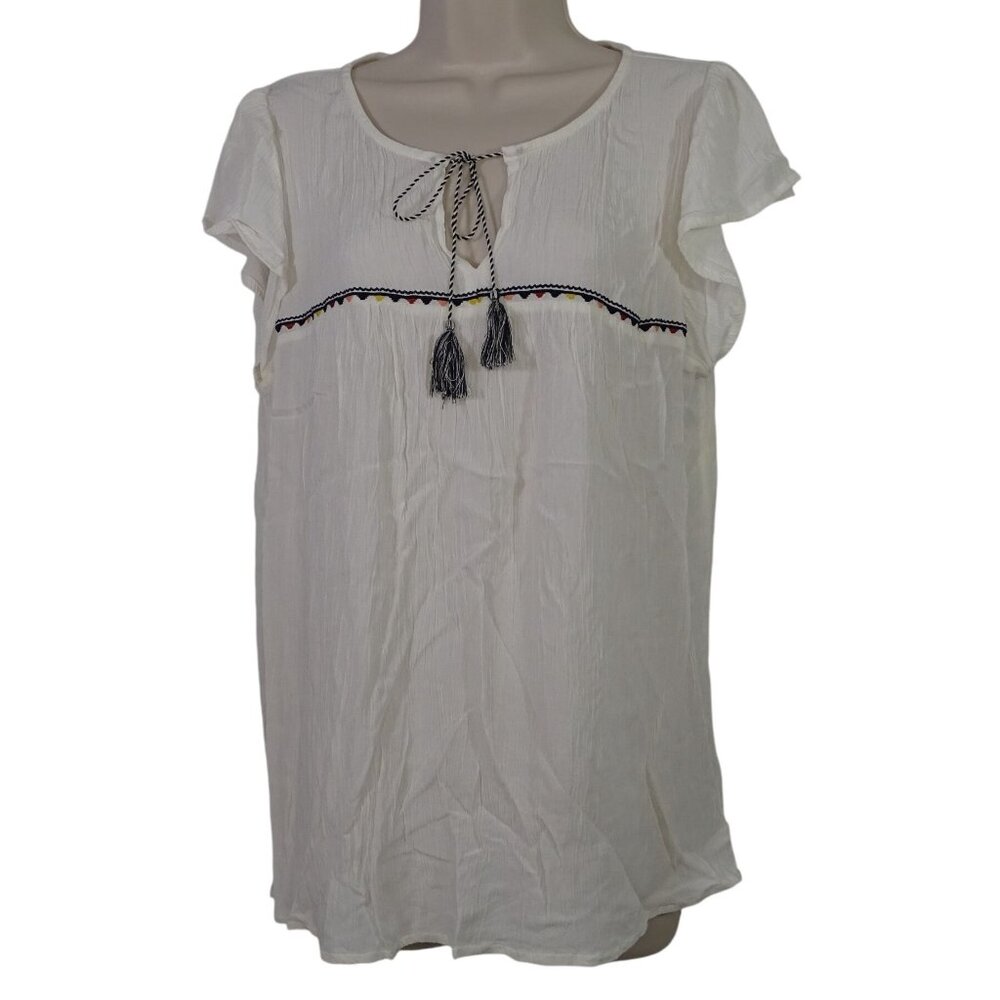 Old Navy Cream Boho Tunic Top Tassel Tie Women Size L Crinkle Rayon Short Sleeve